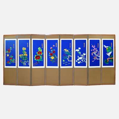 Hand-Embroidered 8-Panel Folding Screen - Flowers and Birds 06 + Support Rubber Included
