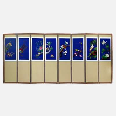 Hand-Embroidered 8-Panel Folding Screen - Birds and Flowers 03 + Support Rubber Included