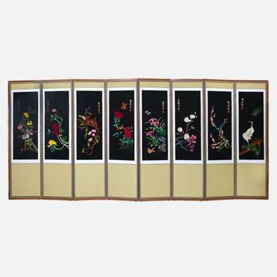 Hand-Embroidered 8-Panel Folding Screen - Flowers and Birds 01 + Support Rubber Feet Included