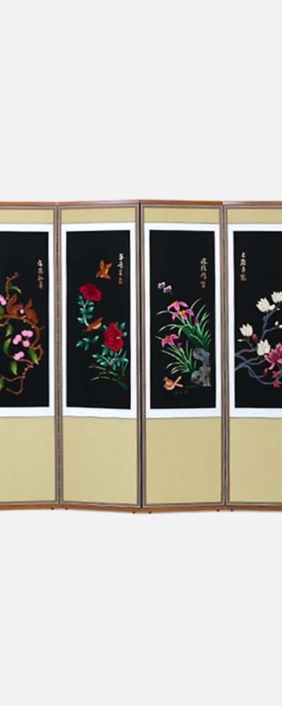 Hand-Embroidered 8-Panel Folding Screen - Flowers and Birds 01 + Support Rubber Feet Included