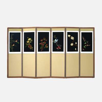 Hand Embroidered 6-Panel Folding Screen - Flowers and Birds 03 + Support Rubber Straps Included