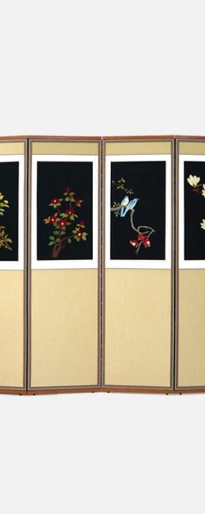 Hand Embroidered 6-Panel Folding Screen - Flowers and Birds 03 + Support Rubber Straps Included