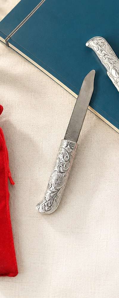 Silver-Plated Knife Velvet Pouch Set (Evil Eye Talisman Letter Opener Traditional Decorative Item Souvenir for Foreigners Corporate Group Gift)
