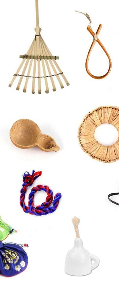 Traditional Life Experience 13-Piece Set (Scholar's Gat, Nose Flute, Silver-handled Knife, Coin, Blue and Red Thread, Bottle Gourd, Blue Silk Lantern, Oil Lamp)