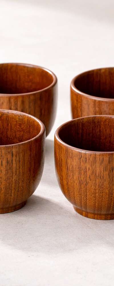 Wood Lacquer Mini Soju Cup 4-Piece Set (Aesthetic Camping Round Drink Cup Wooden Tea Cup Kitchen Interior Vintage Decor)