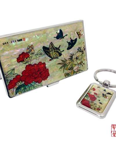 【南啓宇】花蝶図 - 芍薬の花と蝶 携帯名刺入れ & キーリング