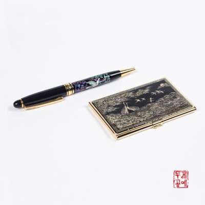 Mother-of-Pearl Crane Gold Business Card Holder Set