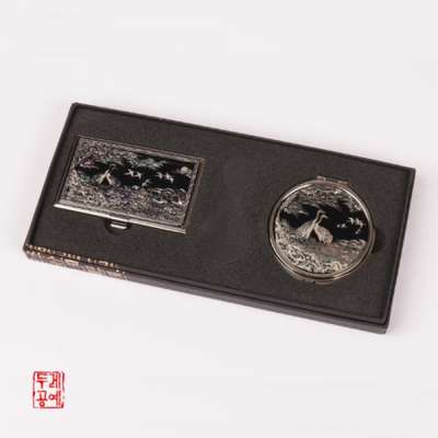 Portable Business Card Holder + Compact Mirror Set (Black & White)
