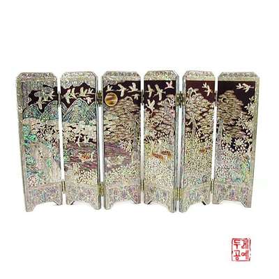 Mother-of-Pearl Inlaid Six-Panel Screen with Ten Symbols of Longevity [Small, Mahogany]