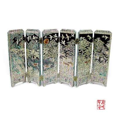 Mother-of-Pearl Ten Symbols of Longevity 6-Panel Folding Screen [Small_Black]