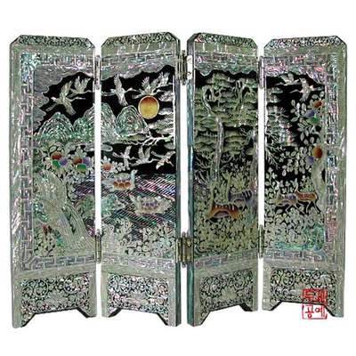 Mother-of-Pearl Ten Symbols of Longevity 4-Panel Folding Screen [Black]