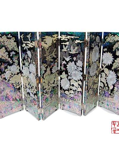 彩画山水 百寿百福 屏風