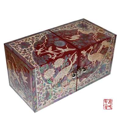 Ichao Painted Jewelry Box with Pine and Crane Design (Red)