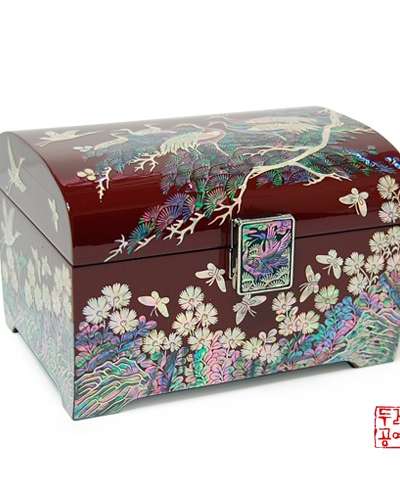 彩画山水松鶴文宝石函[朱合]