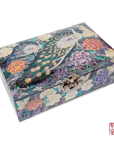 彩画断木工芸孔雀ジュエリーボックス