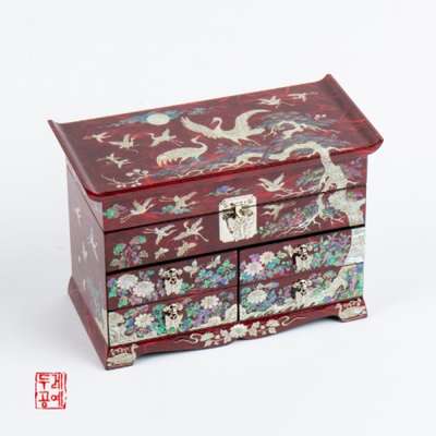 Mountain Water Pine Crane Pattern Hanji Drawer Jewelry Box [Red]