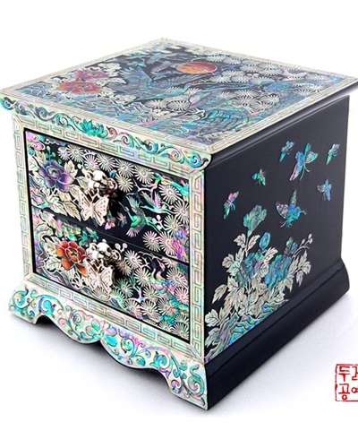 牡丹文様引き出し宝石箱(2段)-黒