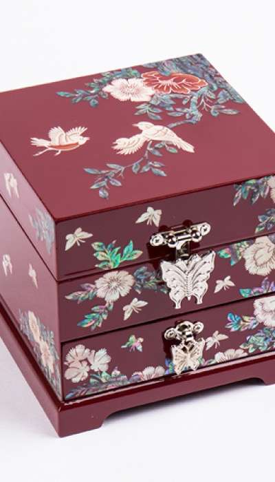 Flower and Bird Pattern Two-Drawer Jewelry Box (Red)