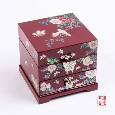 Flower and Bird Pattern Two-Drawer Jewelry Box (Red)