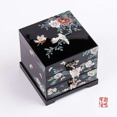 Flower and Bird Pattern 2-Drawer Jewelry Box (Black)